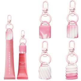 Nevfal Keychain Holder for Lip Gloss Summer Fridays Lip Balm Holder Portable Holder Lipgloss Case with Keyring for lip Keychain Cap Pink & White 4PCS