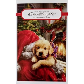 Greeting Card For A Beautiful Girl Who Makes Us So Proud - To A Wonderful Granddaughter Merry Christmas with Santa and Golden Labrador Retriever Puppy Dog