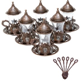 Alisveristime (Set of 6 Handmade Turkish Tea Water Zamzam Serving Set Glasses Saucer and Spoon (Copper)