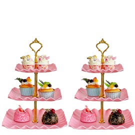 2 Pack of 3 Tier Cupcake Stand, Plastic Tiered Serving Stand, Square Dessert Tray for Tea Party, Baby Shower and Wedding (Pink)