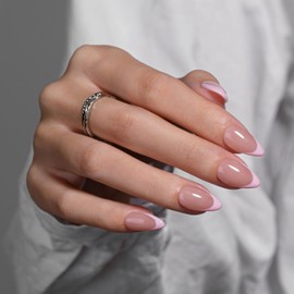 KQueenest Light Pink French Tip Press On Nails Short Almond, 30 Pcs Acrylic Press On Nails With Glue, Glossy Soft Gel Short Fake Nails Press ons, Reusable Natural Nude Glue on Nails for Women Weddings