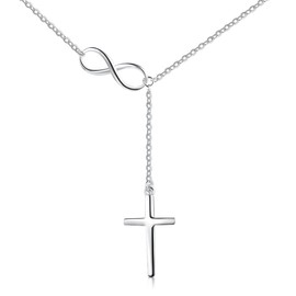 BVELA 925 Sterling Silver Infinity Cross Pendant Y Lariat Necklace for Women Birthday Baptism Easter Gift, 18 inch + 2 inch
