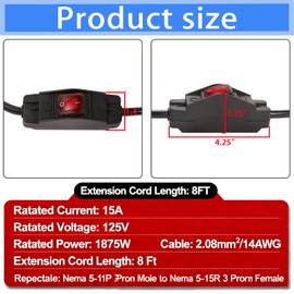 Shengbowi Extension Cord with Switch 14/3 Heavy Duty 3 Prong 15A 125V 8FT