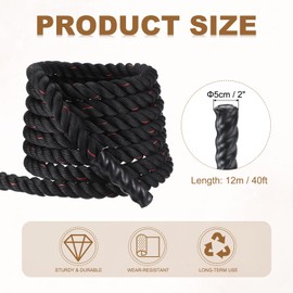 MECCANIXITY Battle Rope 40ft x 2 Inch Polyester Workout Rope Heavy Fitness Exercise Rope for Strength Training Home Gym Muscle Building, Black Red