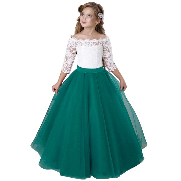 ABAO SISTER Vestido de niña con Flores y Encaje para Fiesta de Navidad, Verde Azulado, 6