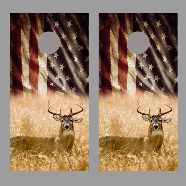 Lets Print Big Deer Aged American Waving Flag Cornhole Board Decal Wrap