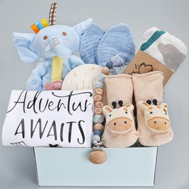 pengtai Newborn Baby Boy Gift Basket for Boy, Welcome Home Gift Set with Swaddle Blanket, Clothes, Baby Essentials, Baby Boy Gift Box, Gender Reveal Gift Set