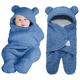 YBB Baby Swaddling, Newborn Swaddling, Baby Sleeping Bag, Baby Clothes, Spring, Autumn, Winter, Baby Shower, Outing, Comes with Foot, Hooded, Cold Protection, Warm, Soft, Cute, Fluffy, Fluffy, Huggable Futon, For Photography (Blue)