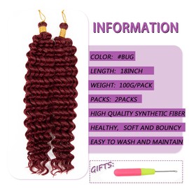 Deep Wave Crochet Hair 18 Inch 2 packs Long Curly Braiding Hair Extensions Ocean Wave Crochet Hair For Black Women Synthetic Ocean Wave Curly Crochet Hair For Boho Box Braids (BUG, 18inch, 2pack)