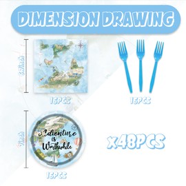 48pcs Adventure World Awaits Map Party Decorations Travel Themed Party Plates Napkins and Forks for The Adventure Is Worthwhile,Suitable for 16 Guests