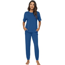 WiWi Viscose from Bamboo Pajamas Set for Women Short Sleeve Loungewear 2 Piece Outfit Long Pants Jogger Sets S-XXL, Prussian Blue, Small