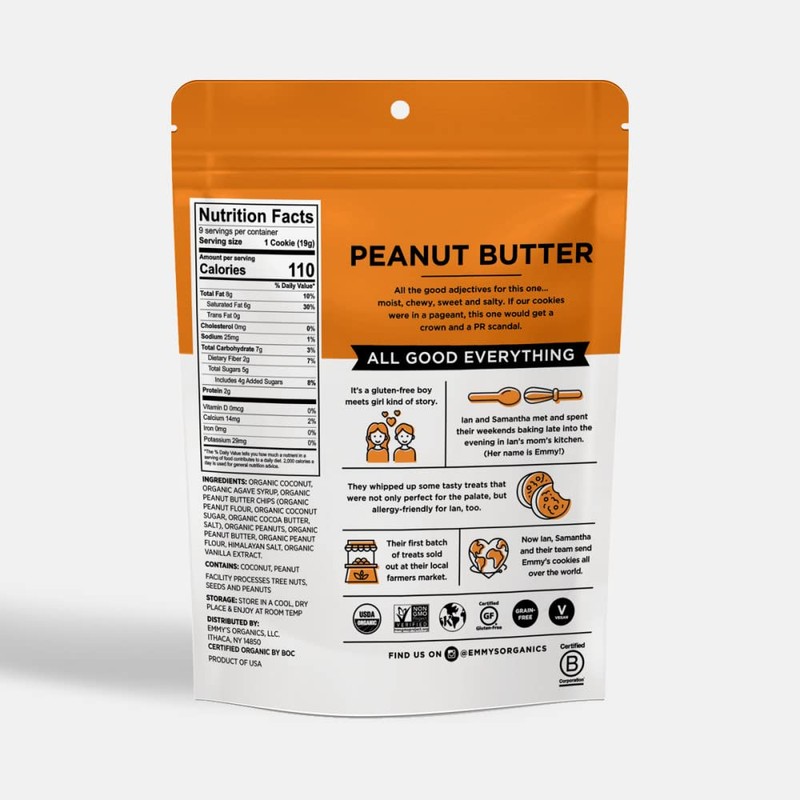 Emmy's Organics Peanut Butter Coconut Cookies (Pack of 8) Gluten-Free,