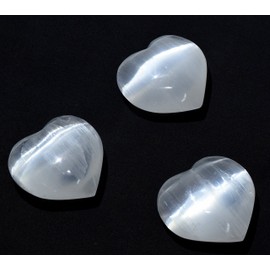 Pair 2.5" Natural White Selenite Puffy Hearts Polished Cat's Eye Satin Spar Angels Crystal Mineral Palm Stone - Morocco (2PCS)