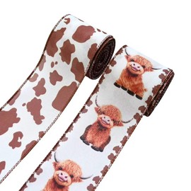 2 Rolls 10 Yards Highland Calf Ribbons for Wreath Bow DIY Gift Wrapping, Brown White Cow Print Autumn Wired Ribbon for Thanksgiving, Farmhouse, Party, Festival Decoration Supplies 2.5‘’