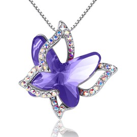 GEMMANCE Butterfly Crystal Gift Necklace with Tanzanite Purple Birthstone for February, Silver, Tone, 18”+2” Chain