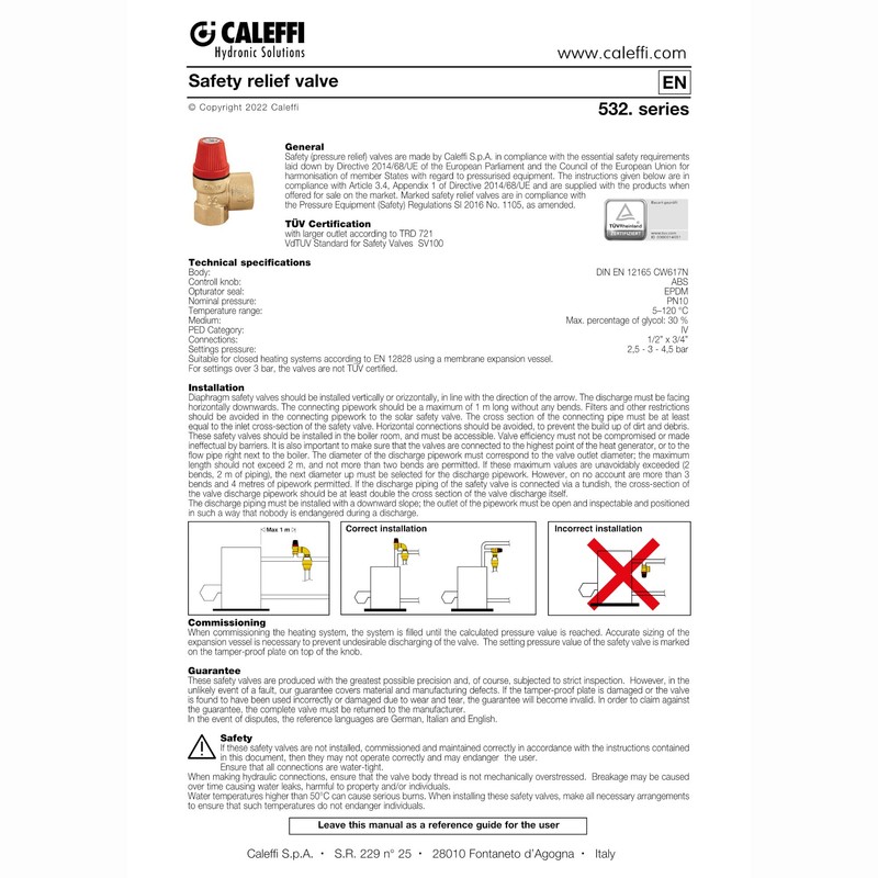 Caleffi 313 - Safety Valve with Pressure Gauge Female-Female 1/2"