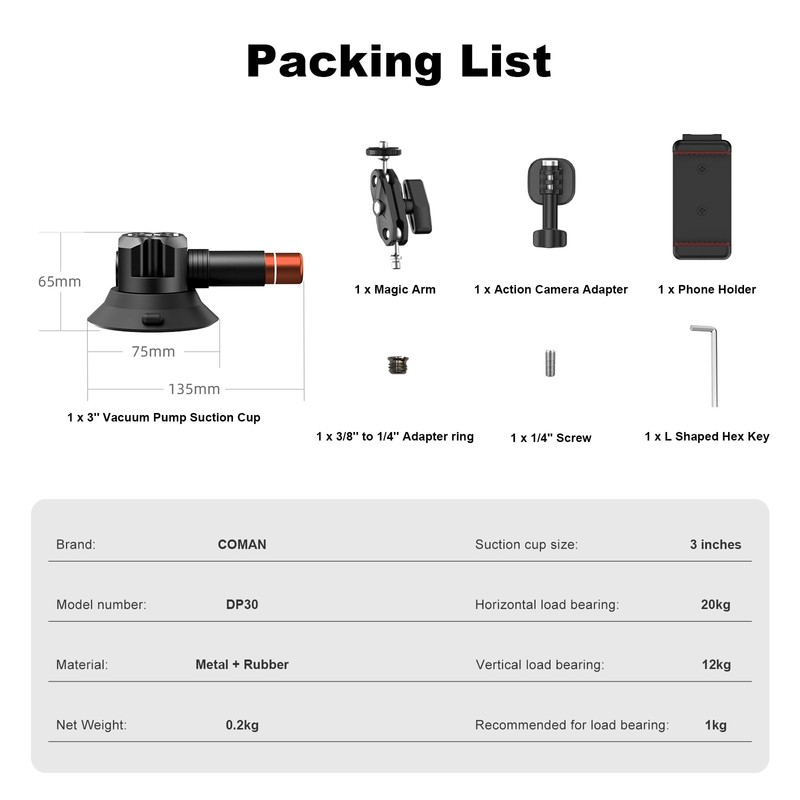 COMAN Camera Suction Cup Mount (3'' DP-30 Suction Mount)