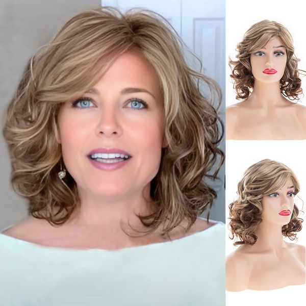 Baruisi Short Curly Wavy Brown Wigs for Women Shoulder Length