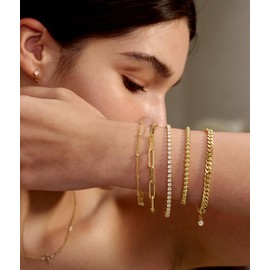 DEARMAY Gold Bracelets for Women 14K Real Gold Jewelry Sets for Women Cute Tennis Beaded Bracelets for Women Cuban Link Paperclip Chain Dainty Bracelet Pack Gifts for Women