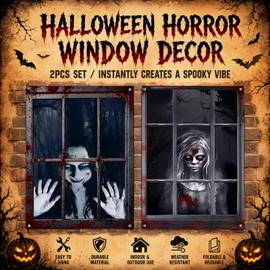 2 PCS Halloween Window Decorations Scary Ghost and Bloody Zombie Posters