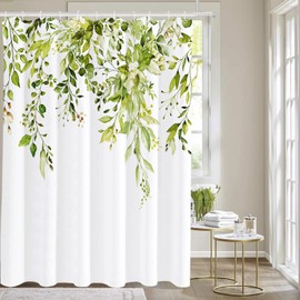 Tititex Fragile Sprout Grass Green Eucalyptus Shower Curtain Sets, Watercolor Leaves on The Top Plant with Floral Bathroom Decoration 72x84 Inch with Hooks