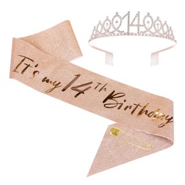 14th Birthday Sash and Tiara Set Rose Gold Birthday Sash Crown Birthday Party Favors Supplies for Birthday Party