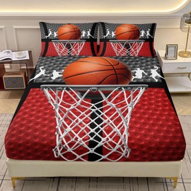 AILONEN 3D Basketball Sport Fitted Sheet Set for Kids,Boys Bedroom Decor,Basketball Framework Bedding Set Twin Size,Gaming Sports Theme Bed Sheet Set,1 Fitted Sheet + 2 Pillow Case,3 Pieces,Soft