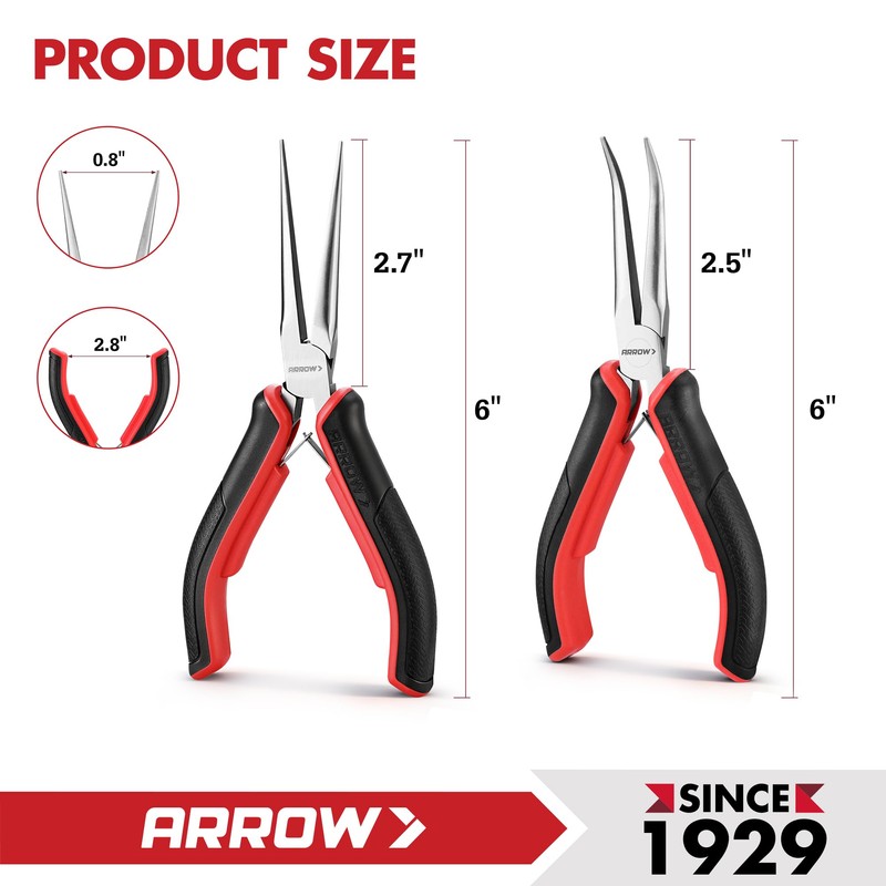 ARROW 2-Piece 6" Needle Nose Pliers Set, Mini Long Nose