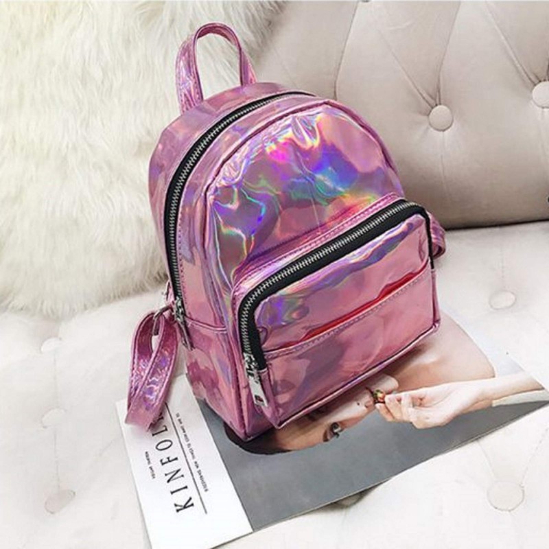 APOSITV Women's Rucksack, Metallic, Small, Silver, Pink, Sparkle, Lightweight, Hologram,