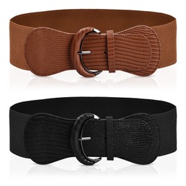 Women's Wide Elastic Waist Belt, Stretchy Wide Waist Belt, Fashion Vintage Waist Belt, Cinch Waistband with Metal Hook Buckle, Hip Belt, Perfect for Dresses, Jeans, Pack of 2, black, brown