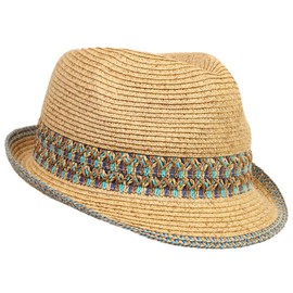 Funky Junque Women's Straw Fedora Beach Hat for Summer, UPF50+ Adjustable Short Brim, Multicolor Woven Pattern, One Size