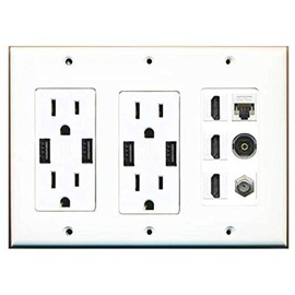 RiteAV 2 x USB Charger Outlets 15A/125V with Dual 3.6A USB Charging Ports and 3 HDMI Coax Cat5e White Toslink Decorative White 3 Gang Wall Plate