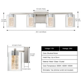 SineRise 4-Light Brushed Nickel Vanity Light with 3 Color Modes (3000K/4000K/6000K), Eye Protection LED Bathroom Light Fixture, Dimmable Modern Wall Light Over Mirror with Clear Glass Shade
