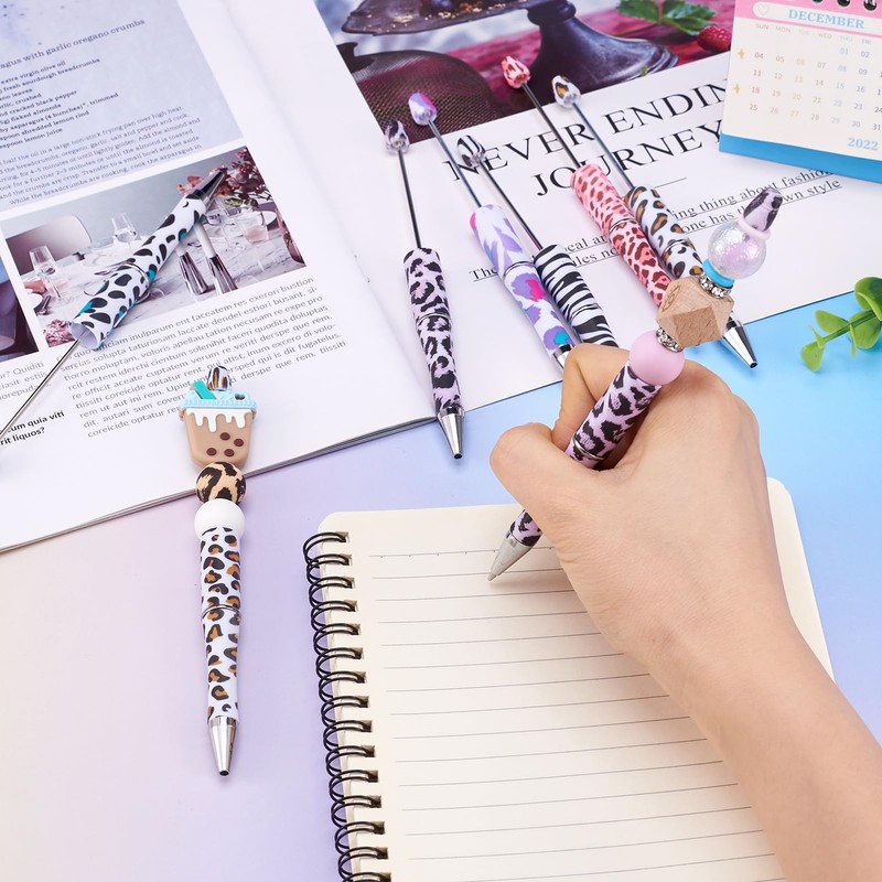 Beadthoven 12pcs Plastic Beadable Pens Set Beaded Ballpoint Pens Leopard
