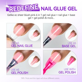 Gelike EC Sheer Blush Pink Nail Glue Gel - 6 in 1 Nail Glue Nude Pink for Clear Acrylic Nail French Manicure,Long Lasting Adhesive UV Nail Glue for Clear Press On Nail Tips,UV Cure Required