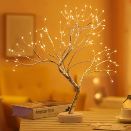 LXcom LED Branch Lights 108 LEDs New Silver Copper Wire Tree Branches LED Bonsai Table Tree Lighted USB Battery Operated with Touch Switch Decorative Desk Lamp for Home Decor, Warm White