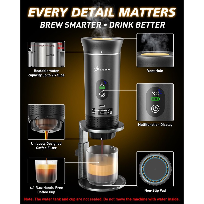 Yorenson Portable Coffee Maker for Travel,Self-Heating Espresso Machine with USB-C,LED