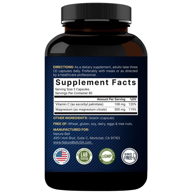 NatureBell Pure Magnesium Citrate 500mg per 3 Capsules Serving Size,