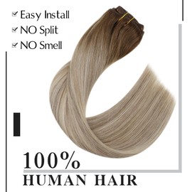 Easyouth Real Hair Clip-In Extensions Remy Clip-In Real Hair Extensions Dark Brown Mix Ash Brown and Medium Blonde Ombre Real Hair Clip-In Extensions 22 Inches 120 g