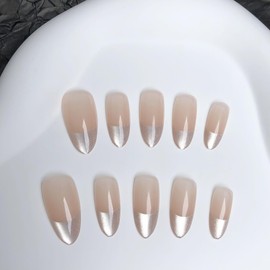 Vividvibe Press on Nails- Almond Soft Skin Cat Eye Crystal French Nails，Fit Perfectly，Reusable /15 sizes - 30 pcs