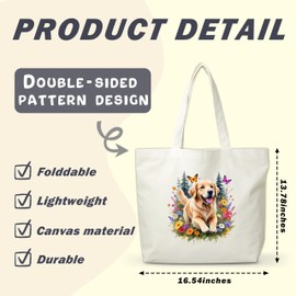 Women Golden Retriever Canvas Tote Bag, Funny Gifts For Dog Lovers, Reusable Grocery Folding Shopping Tote, Aesthetic Flower Shoulder Bag, Thanksgiving Christmas Gifts For Friends Colleagues -A07