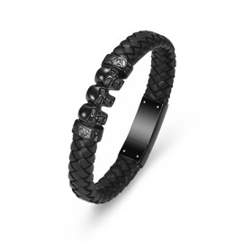XSMZB Cremation Jewelry Skull Urn Bracelet for Ashes Keepsake Memorial Bangle Braided Leather Wristband Cremation Bracelet for Men Women (Z-Black-24cm)