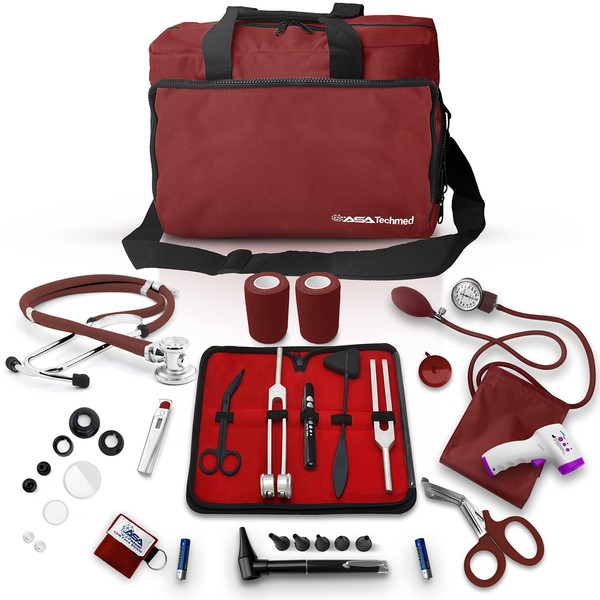 ASA TECHMED Nurse Essentials for Work Starter Kit, Stethoscope, Blood Pressure Monitor, Otoscope, Tuning Forks and More. 18 Pcs Doctor Kit, Nurse Gift (Burgundy)
