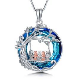 TOUPOP Gifts for Mom Mothers 5 Daughter Son Necklace Sterling Silver Family Tree of Life Pendant Blue Crystal Jewelry Birthday Christmas Gifts for Women Grandma