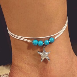 Xduargs Boho Layered Starfish Turquoise Ankle Bracelet Vintage Turquoise Beaded Foot Chain White Wax Rope Ankle Bracelet Summer Beach Starfish Chain Bracelet Jewelry for Women and Girls
