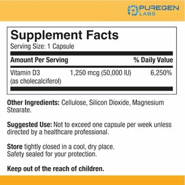 Puregen Labs Vitamina D3 50,000 UI (1250 mcg) Suministro de 100 semanas para una función muscular saludable y apoyo inmunológico, sin OMG, sin gluten, 100 cápsulas vegetales
