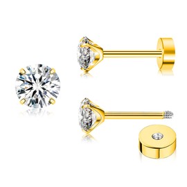 ZDE Flat Earrings for Women Titanium CZ Stud 5 mm Flat Screw Back Earrings Hypoallergenic Cartilage Flatback Earring Tragus Helix Tragus Conch Piercing (Gold/Pink/Silver/Black/White), Titanium, Cubic