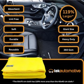 Tek Automotive Giant Size Yellow Microfibre Cloths – Twin Pack, 50x70cm, Heavy Duty 360GSM, Lint Free Cleaning Cloths for Car Detailing, Polishing & Drying – 119% Larger Than Standard Cloths
