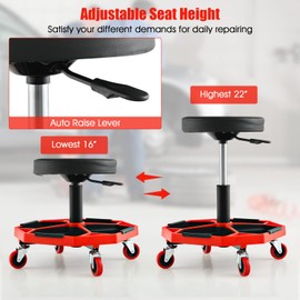 S AFSTAR Garage Shop Roller Seats, Adjustable Pneumatic Rolling Creeper Stool W/Tool Storage Tray & 4 Universal Wheels, Padded Mechanic Stool Repair Shop Stool Garage Rolling Stool (Red