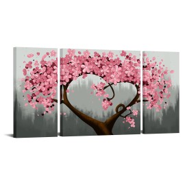 sechars - Pink and Grey Wall Art Decor Pink Flower Tree Painting Canvas Print...